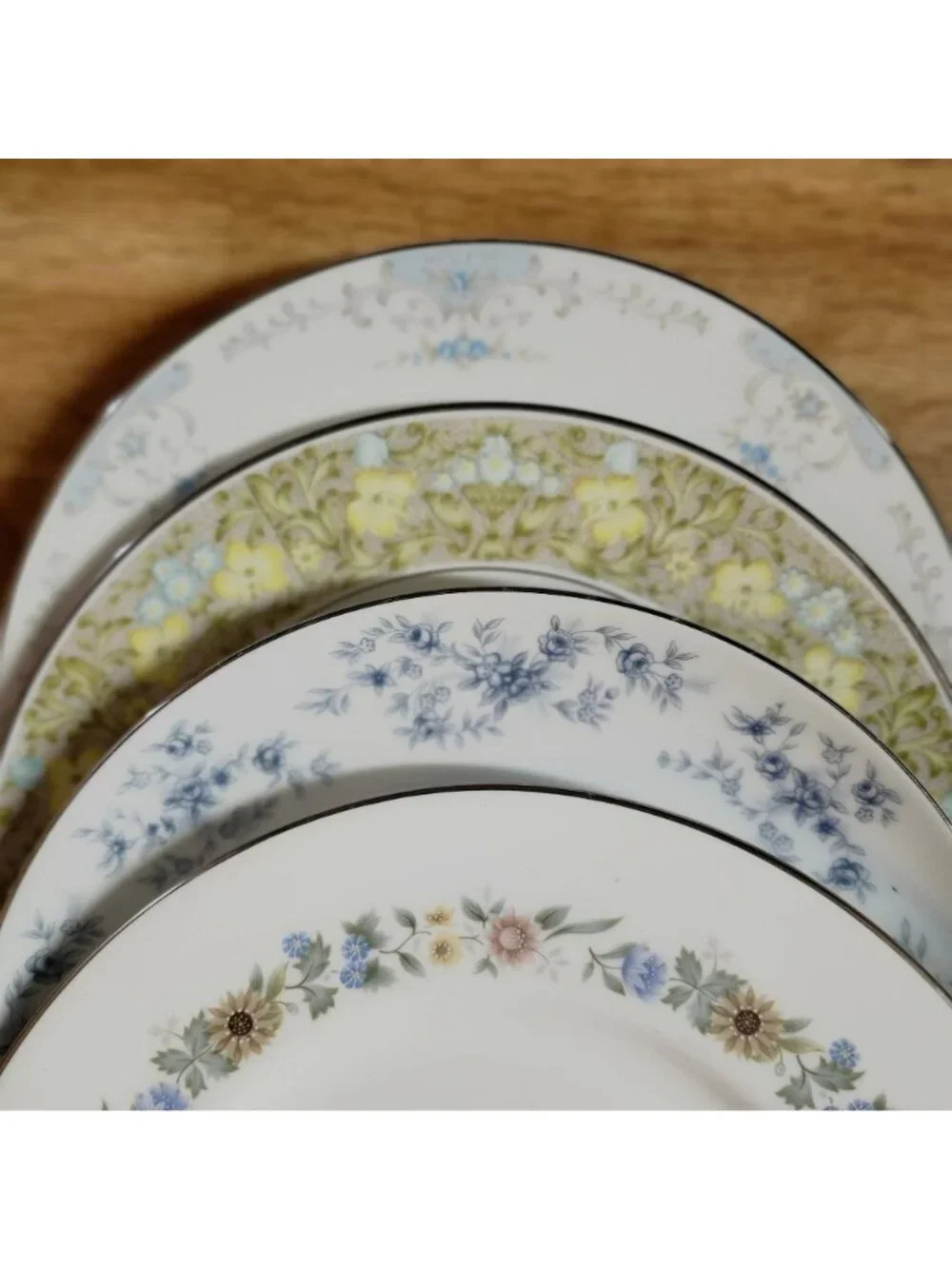 Mismatched Lunch Plates Colorful Florals Silver Rims 7.5